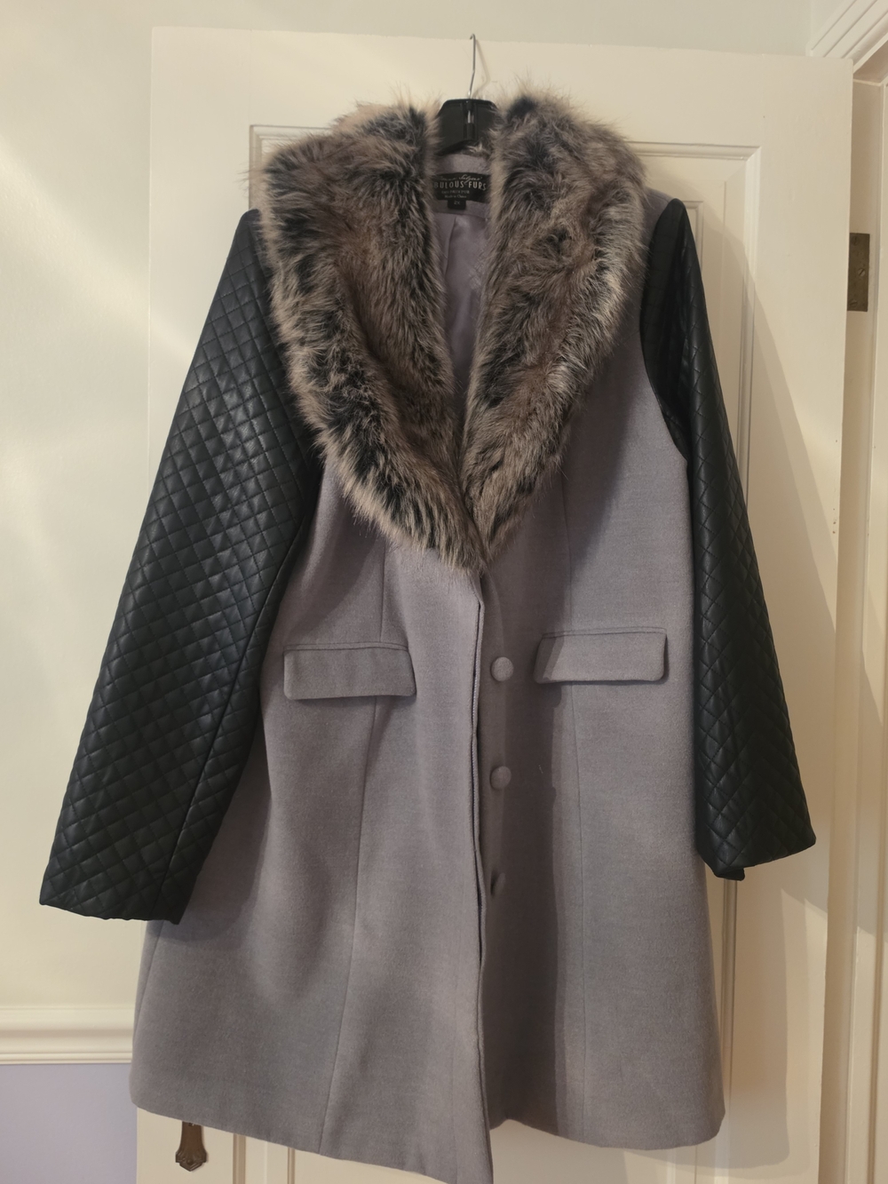 Fabulous Furs Gray Wool Pea Coat with Black Quilted Sleeves and Faux-Fur Collar